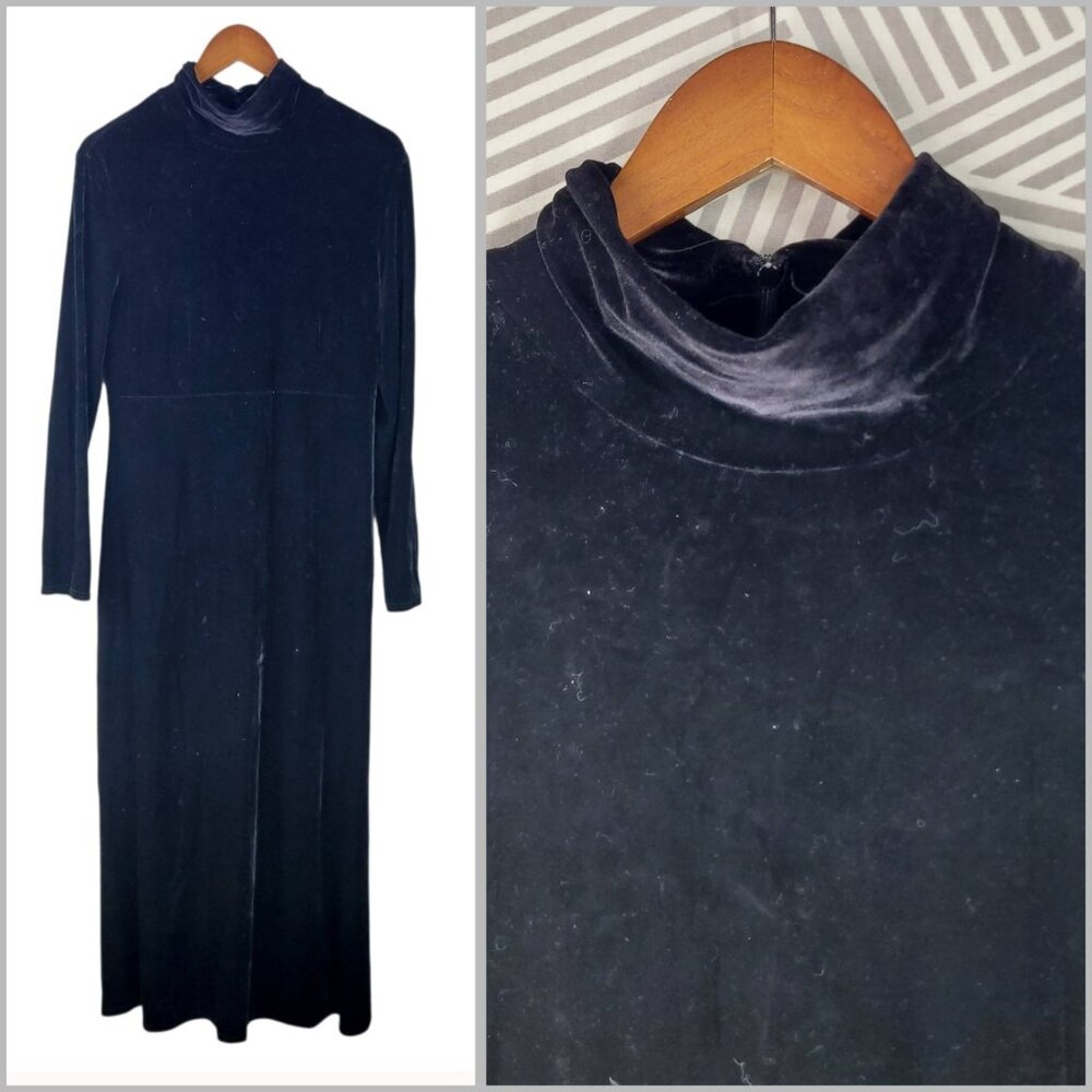 Vintage Velvet Shirt Dress size 12 Large Modest Long LBD black Evening Stretch